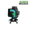 Grön 3-linjelaser på stativ med justerbara ben. Text: "GRÖN LASER 3-LINJELASER".