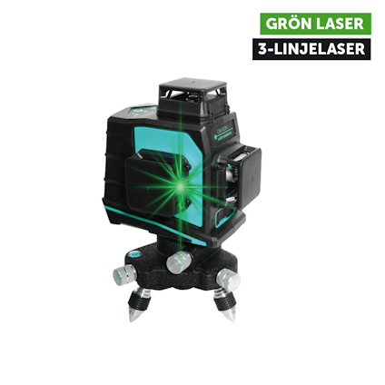 Grön 3-linjelaser på stativ med justerbara ben. Text: "GRÖN LASER 3-LINJELASER".