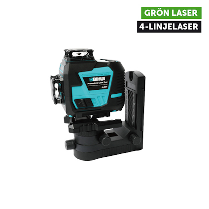 Grön laserverktyg med texten "BIHUI Professional Laser Tool". Etikett: "GRÖN LASER 4-LINJELASER".