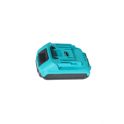Blått och svart batteripack i plast, utan synlig text eller symboler.