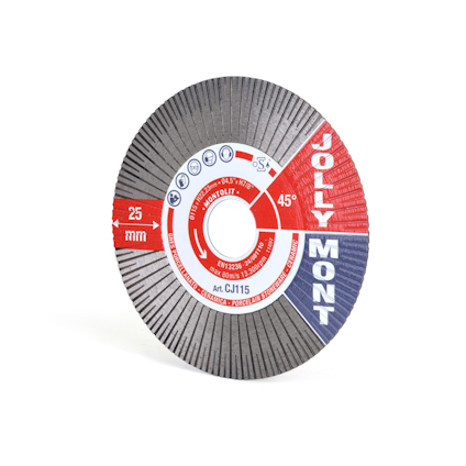 Rund diamantklinga med röd och grått mönster och texten "JOLLYMONT", "Art. CJ115" och "25 mm" tryckt på ytan.