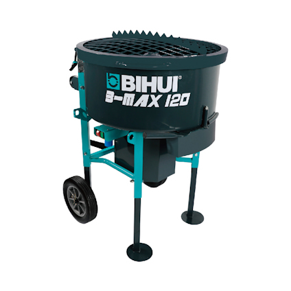 Blandare på hjul med texten "BIHUI B-MAX 120" på sidan och ett galler ovanpå.