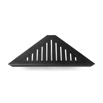 Svart hörnhylla i metall med vertikala slitsar, designad för hörnmontering.
