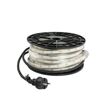 Rulle med transparent LED-slinga, ansluten till en svart elkabel med stickkontakt.