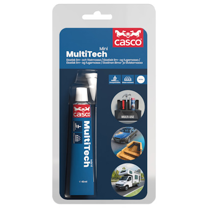 Förpackning av Casco MultiTech Mini lim, blå tub med vit kork, placerad i förpackning med instruktioner på flera språk.