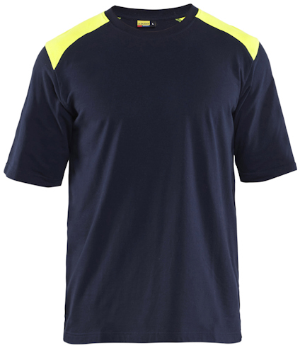 Mörkblå t-shirt med korta ärmar och ljusgula axelpartier.
