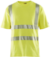Gul T-shirt med korta ärmar och reflekterande ränder över bröst och axlar.