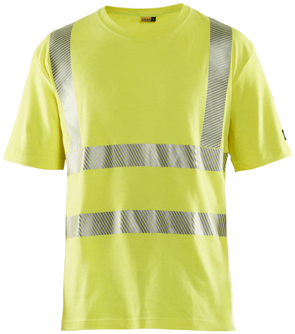Gul T-shirt med korta ärmar och reflekterande ränder över bröst och axlar.