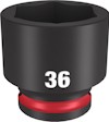 Svart krafthylsa med talet "36" i vitt och en röd ring nära basen.