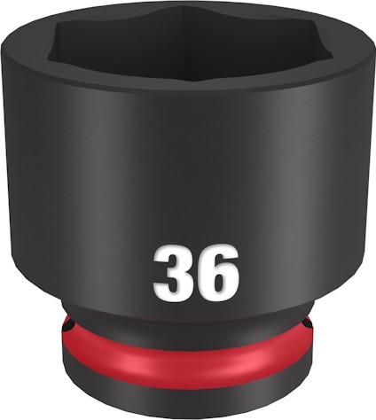 Svart krafthylsa med talet "36" i vitt och en röd ring nära basen.