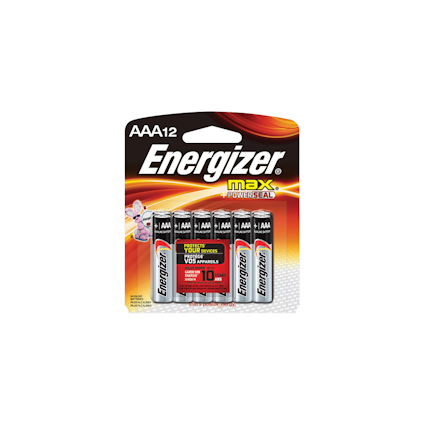 Förpackning med tolv AAA-batterier av märket Energizer Max.