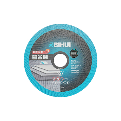 Rund turkos och svart diamantklinga med texten "BIHUI", "ULTIMATE", "Porcelain tile" och andra tekniska specifikationer.