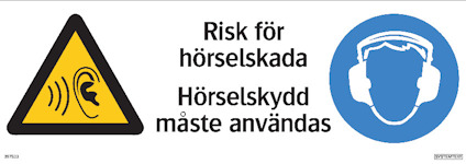 Skylt med varningstriangel, text "Risk för hörselskada, Hörselskydd måste användas" och ikon för hörselskydd.