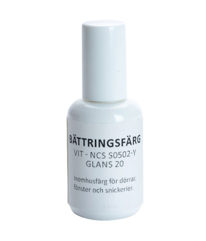 Vit bättringsfärgflaska med text: "BÄTTRINGSFÄRG VIT - NCS S0502-Y GLANS 20 Inomhusfärg för dörrar, fönster och snickerier