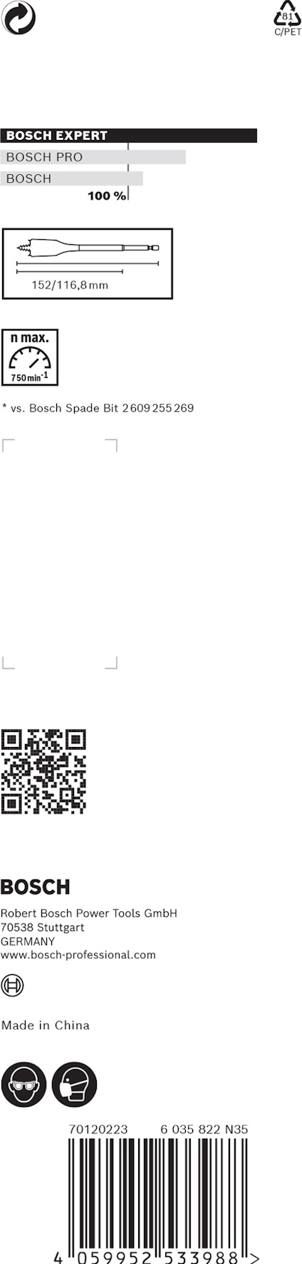 Förpackning med Bosch Expert trimmerbits, storlek 10 mm, med QR-kod och tillverkningsland Kina.