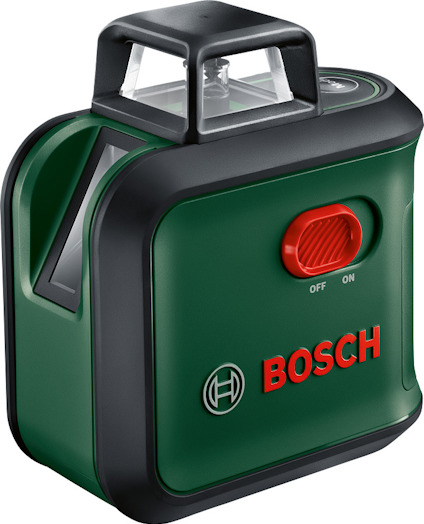 Grön Bosch laserpass med röd på-knapp och svart gummikant.