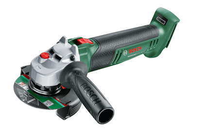 Batteridriven vinkelslip från Bosch med grön och svart design, rött lås och sidohandtag.