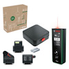 Bosch digital laser measure with interchangeable heads, batteries, and carrying case, shown with packaging box.