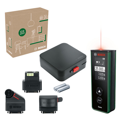 Bosch digital laser measure with interchangeable heads, batteries, and carrying case, shown with packaging box.