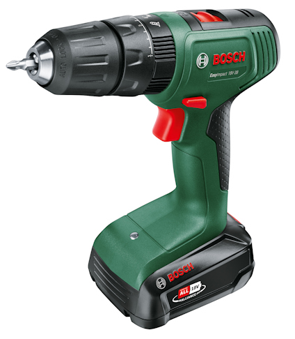 Borrmaskin från märket Bosch med svart och grön design samt rött inslag. Text: "EasyImpact 18V-40, Bosch".