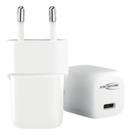 Vit väggladdare med USB-C-port och metallkontakter, märkt med "ANSMANN".