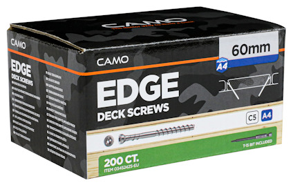 Låda med CAMO Edge Deck Screws, 60mm, 200 stycken, C5 A4, innehåller bit.