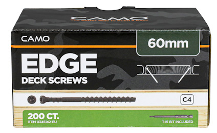 Förpackning med 200 CAMO EDGE trallskruvar, 60 mm, artikelnummer 0345142-EU, inkluderar T15-bit.