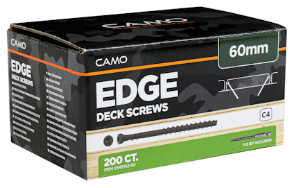 Förpackning med Camo Edge Deck Screws, 60 mm, 200 st. Inkluderar T15-bit.