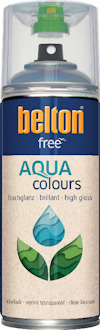 Sprayburk med etikett "belton free AQUA colours", transparent högblank klarlack, 400 ml, blå etikett med bladdesign.