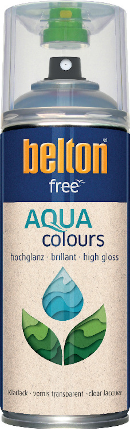 Sprayburk med etikett "belton free AQUA colours", transparent högblank klarlack, 400 ml, blå etikett med bladdesign.