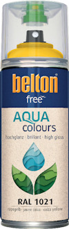 Sprayflaska märkt "belton free AQUA colours" med högblank rapsgul färg, etikett med bladmotiv och texten "RAL 1021".