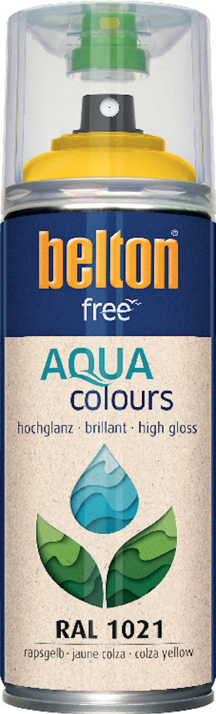 Sprayflaska märkt "belton free AQUA colours" med högblank rapsgul färg, etikett med bladmotiv och texten "RAL 1021".