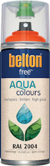 Sprayburk med orange lock, blå etikett med text "belton free" och "AQUA colours", samt symbol med tre blad.