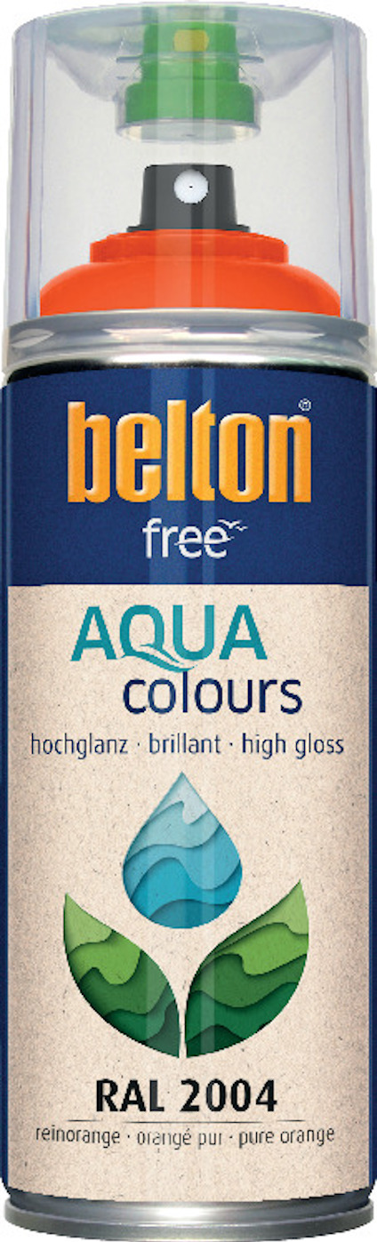 Sprayburk med orange lock, blå etikett med text "belton free" och "AQUA colours", samt symbol med tre blad.