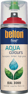 Sprayburk med transparent lock och etikett som visar "belton aqua colours" och texten "RAL 3000".