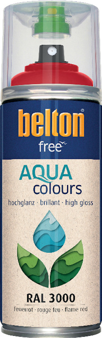 Sprayburk med transparent lock och etikett som visar "belton aqua colours" och texten "RAL 3000".