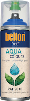 Sprayburk med blå etikett, text "belton free AQUA colours", högglans gentianablå RAL 5010.