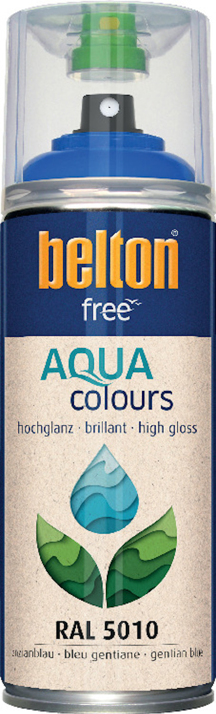 Sprayburk med blå etikett, text "belton free AQUA colours", högglans gentianablå RAL 5010.