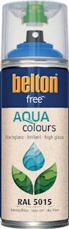 Sprayflaska med etikett "belton free aqua colours", färgkod RAL 5015, högblank himmelsblå.
