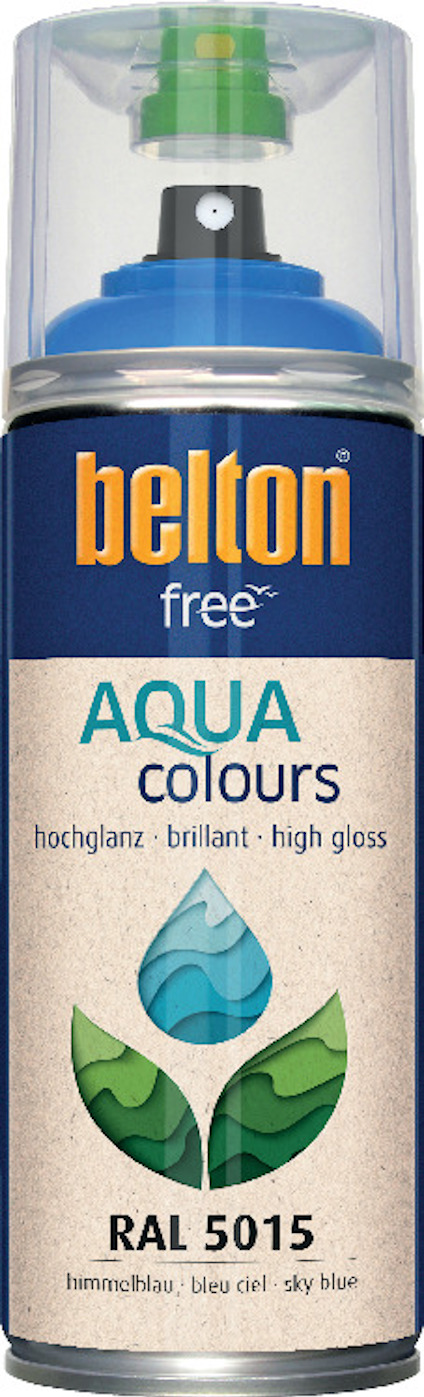 Sprayflaska med etikett "belton free aqua colours", färgkod RAL 5015, högblank himmelsblå.