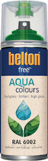 Sprayburk med etikett "belton free AQUA colours RAL 6002", med grönt spraymunstycke och genomskinligt lock.