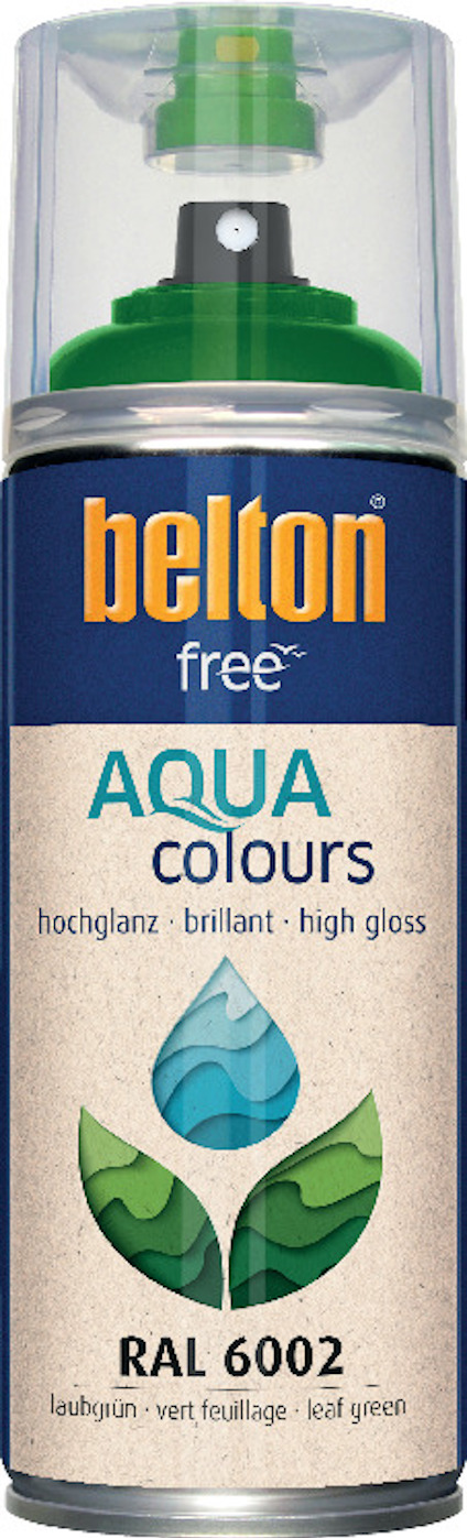 Sprayburk med etikett "belton free AQUA colours RAL 6002", med grönt spraymunstycke och genomskinligt lock.