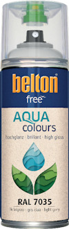 Sprayburk med etiketten "belton free AQUA colours", RAL 7035, med blå och grön design, transparent lock.