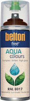 Sprayburk med belton free AQUA colours, högblank chokladbrun färg, RAL 8017.