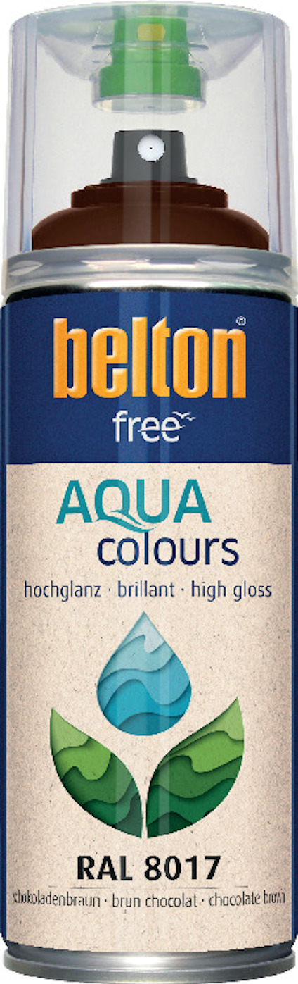 Sprayburk med belton free AQUA colours, högblank chokladbrun färg, RAL 8017.