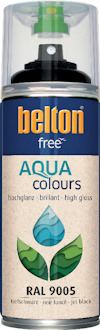 Sprayburk med etikett i blå och beige färger, märkt "belton free AQUA colours RAL 9005".