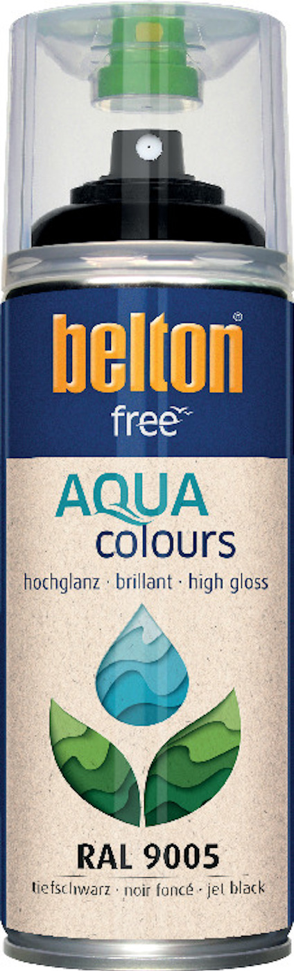 Sprayburk med etikett i blå och beige färger, märkt "belton free AQUA colours RAL 9005".