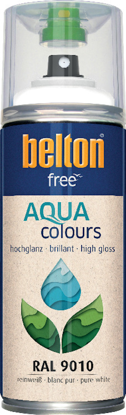 Sprayburk med etikett "belton free AQUA colours" och texten "hochglanz · brillant · high gloss" samt "RAL 9010".