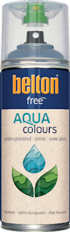 Sprayburk med halvmatt klarlack, märket "Belton", texten "Aqua colours" och bild av vattendroppe.