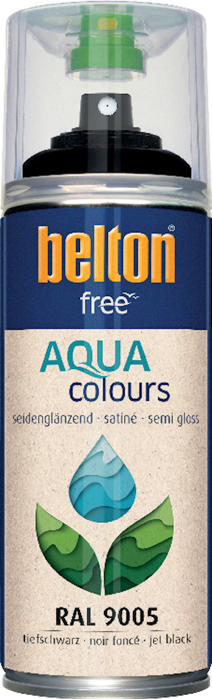 Sprayburk med svart halvblank färg, märkt "belton free" och "AQUA colours", RAL 9005.
